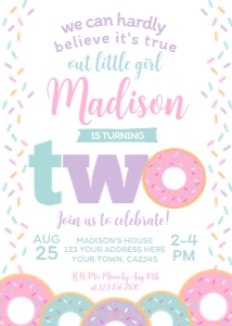 Donut Second Birthday Invitation - www.printerfairy.com: Donut Second Birthday Invitation (pink) - www.printerfairy.com
