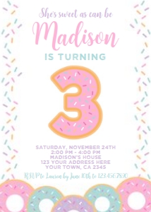 Donut Third Birthday Invitation - www.printerfairy.com: Donut Third Birthday Invitation - www.printerfairy.com