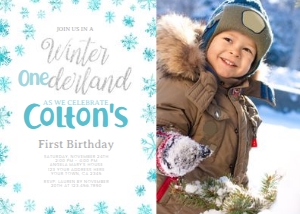 Winter ONEderland Birthday Invitation with Photo (white, blue, silver) - www.printerfairy.com design preview