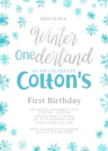 Winter ONEderland Birthday Invitation (white, blue, silver) - www.printerfairy.com design preview
