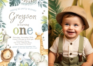 Jungle Birthday Invitation with Photo (white) - www.printerfairy.com: Jungle Birthday Invitation with Photo (white) - www.printerfairy.com
