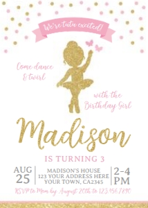 Ballerina Birthday Party Invitation (gold) - www.printerfairy.com: Ballerina Birthday Party Invitation (gold) - www.printerfairy.com