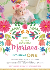 Fiesta Floral Birthday Invitation with Picture - www.printerfairy.com: Fiesta_FloralGold_Photo001