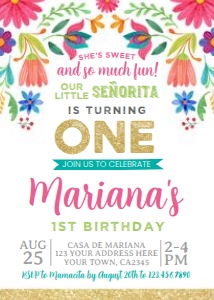 Fiesta Floral First Birthday Invitation - www.printerfairy.com: Fiesta Floral First Birthday Invitation (gold) - www.printerfairy.com