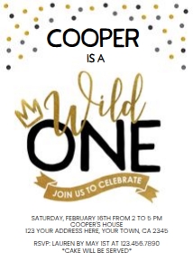 Wild One Invitation (white background, gold) - www.printerfairy.com design preview