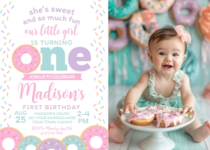 Donut Birthday Invitation with Picture  (pink pastel) - www.printerfairy.com: Donut First Birthday Invitation with Photo (pink pastel) - www.printerfairy.com