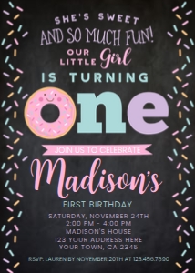 Donut First Birthday Invitation - www.printerfairy.com: Donut_Invitation001-Black
