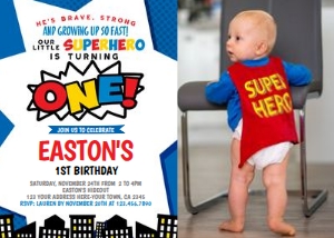 Superhero First Birthday Party Invitation - www.printerfairy.com design preview
