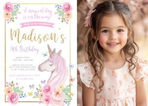 Unicorn-Floral_Birthday Invitation-WithPhoto_PrinterFairy: Unicorn-FloralInvitation-WithPhoto