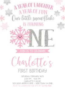 Snowflake First Birthday Invitation (pink, silver) - www.printerfairy.com design preview