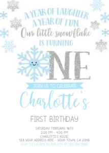 Snowflake First Birthday Invitation (blue, silver) - www.printerfairy.com design preview