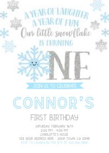 Snowflake First Birthday Invitation (silver, blue) - www.printerfairy.com design preview