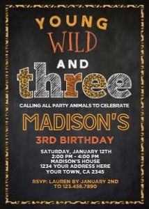 Wild & Three Safari Birthday Invitation (animal print, black background) - www.printerfairy.com design preview