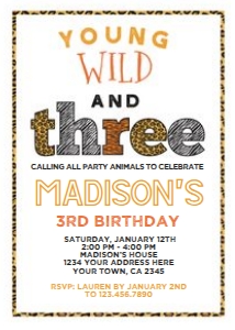Wild & Three Safari Birthday Invitation (animal print, white background) - www.printerfairy.com design preview