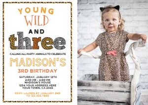 Wild & Three Safari Birthday Invitation with Photo (animal print, white background) - www.printerfairy.com design preview