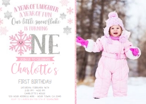 Snowflake First Birthday Invitation with Photo (pink, silver) - www.printerfairy.com design preview