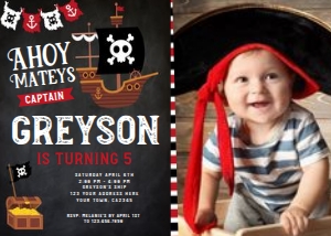Pirate Birthday Invitation with Photo (black background) - www.printerfairy.com: Pirate Birthday Invitation with Photo (black background) - www.printerfairy.com