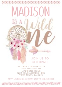 Wild One Dreamcatcher Invitation (white background, pink) - www.printerfairy.com design preview