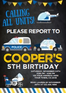 Police Cars Birthday Invitation (black background) - www.printerfairy.com: Police Cars Birthday Invitation (black background) - www.printerfairy.com