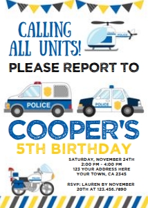 Police Cars Birthday Invitation (white background) - www.printerfairy.com design preview