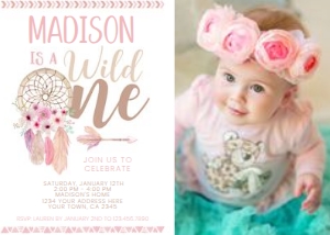 Wild One Dreamcatcher Invitation with Photo (white background, pink) - www.printerfairy.com design preview
