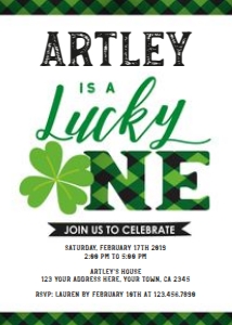 Lucky One Birthday Invitation (white background, green) - www.printerfairy.com: Lucky One Birthday Invitation (white background, green) - www.printerfairy.com