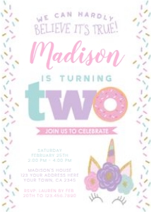 Donut & Unicorn Second Birthday Invitation - www.printerfairy.com: Donut&Unicorn-Invitation003