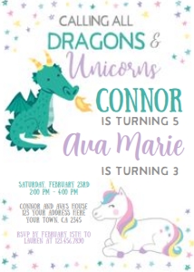 Dragon & Unicorn Birthday Party Invitation (white background) - www.printerfairy.com design preview