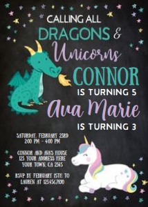 Dragon & Unicorn Birthday Party Invitation (black background) - www.printerfairy.com design preview