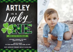Lucky One Birthday Invitation with Photo (black background) - www.printerfairy.com: Lucky One Birthday Invitation with Photo (black background) - www.printerfairy.com