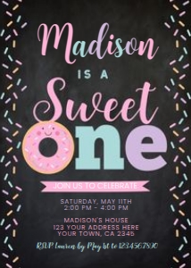 Sweet One Birthday Invitation - www.printerfairy.com: Donut_SweetOne-Black
