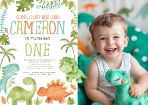 Dinosaur Invitation with Photo (blue, orange, green, white) - www.printerfairy.com: Dinosaur Invitation with Photo (blue, orange, green, white) - www.printerfairy.com