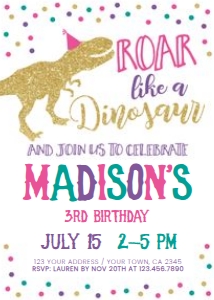 Dinosaur Birthday Invitation (gold, pink) - www.printerfairy.com design preview