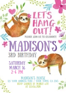 Sloth Birthday Invitation - www.printerfairy.com: Sloth Birthday Invitation - www.printerfairy.com