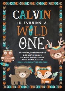 Wild One Tribal Birthday Invitation (black background) - www.printerfairy.com: Wild One Tribal Birthday Invitation (black background) - www.printerfairy.com