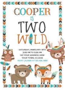 Two Wild Tribal Birthday Invitation (white background) - www.printerfairy.com design preview