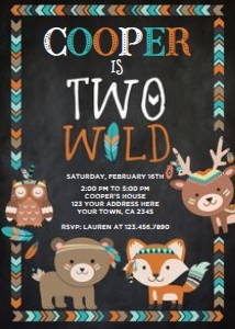 Two Wild Tribal Birthday Invitation (black background) - www.printerfairy.com design preview