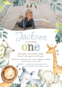 Jungle Birthday Invitation with Top Photo (white) - www.printerfairy.com: Jungle Birthday Invitation with Top Photo (white) - www.printerfairy.com