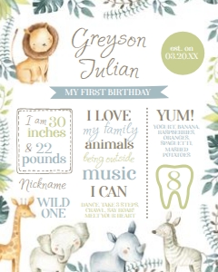 Jungle Birthday Milestones Board (white) - www.printerfairy.com: Jungle Birthday Milestones Board (white) - www.printerfairy.com