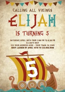 Longship Viking Birthday Invitation (brown background) - www.printerfairy.com: Longship Viking Birthday Invitation (brown background) - www.printerfairy.com