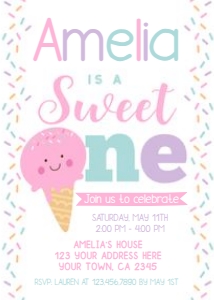 Ice Cream First Birthday Party Invitation (pink, violet) - www.printerfairy.com: Ice Cream First Birthday Party Invitation (pink, violet) - www.printerfairy.com