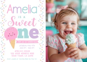 Ice Cream First Birthday Party Invitation with Photo (pink, violet) - www.printerfairy.com: Ice Cream First Birthday Party Invitation with Photo (pink, violet) - www.printerfairy.com