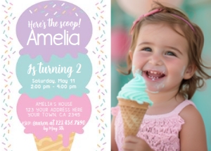 Ice Cream Birthday Party Invitation with Photo (pink, violet) - www.printerfairy.com: Ice Cream Birthday Party Invitation with Photo (pink, violet) - www.printerfairy.com