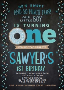 Donut First Birthday Invitation (blue, black) - www.printerfairy.com: Donut First Birthday Invitation (blue, black) - www.printerfairy.com
