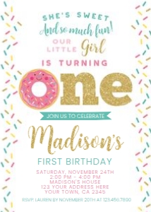 Donut First Birthday Invitation - www.printerfairy.com: Donut_Gold_Invitation001