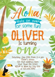 Luau Birthday Party Invitation (one, orange, blue) - www.printerfairy.com design preview