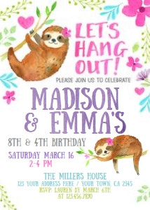 Sloth Siblings Birthday Invitation - www.printerfairy.com: Sloth_Invitation_Siblings