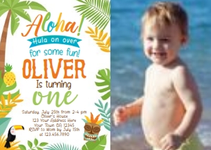 Luau Birthday Party Invitation with Photo (one, orange white) - www.printerfairy.com design preview