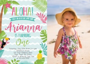 Luau Birthday Party Invitation with Photo (one, pink blue) - www.printerfairy.com design preview