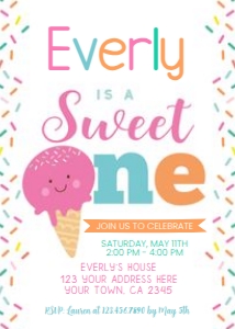 Ice Cream First Birthday Party Invitation (pink, orange) - www.printerfairy.com: Ice Cream First Birthday Party Invitation (pink, orange) - www.printerfairy.com
